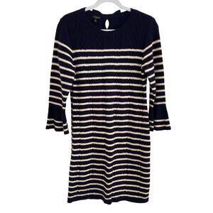 Talbots Navy Blue Ivory Stripe Cable Knit Wool Sweater Dress Bow Tie Back Bell